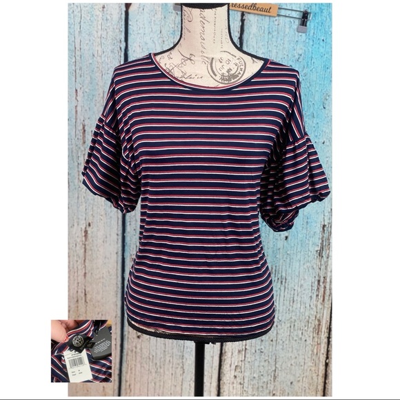 BOBEAU NWT Navy Red Striped Knit Bubble Sleeve Top - Picture 2 of 9